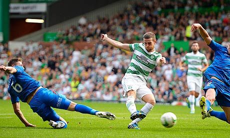 Celtic's Adam Matthews, second left, scores the equalising goal against Inverness in the Premiership
