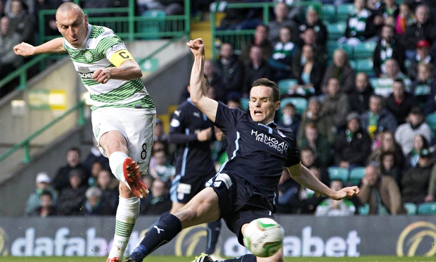 Celtic's Scott Brown scores his side's second goal of the night against Dundee at Celtic Park on Fri